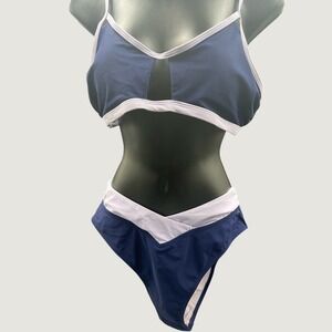 Cupshe‎ Navy Blue White Colorblock Keyhole Bikini Set High Waist Swimsuit NEW